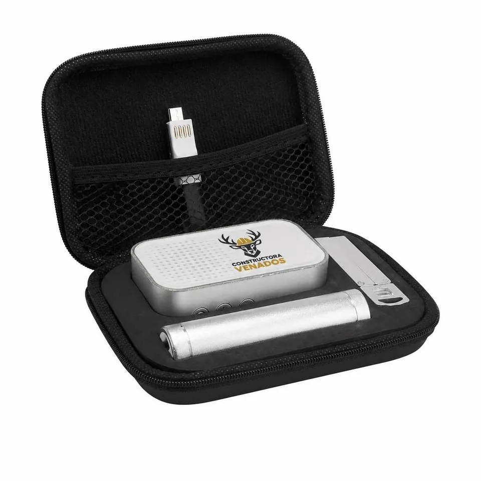 Kit Tecnológico Bocina + Power Bank + USB con logo de ejemplo