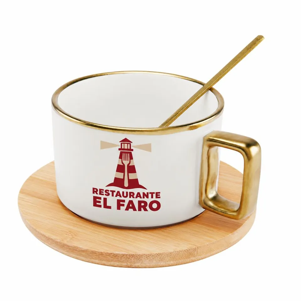 Taza Cerámica Luxury Set Platillo Bambú con logo de ejemplo